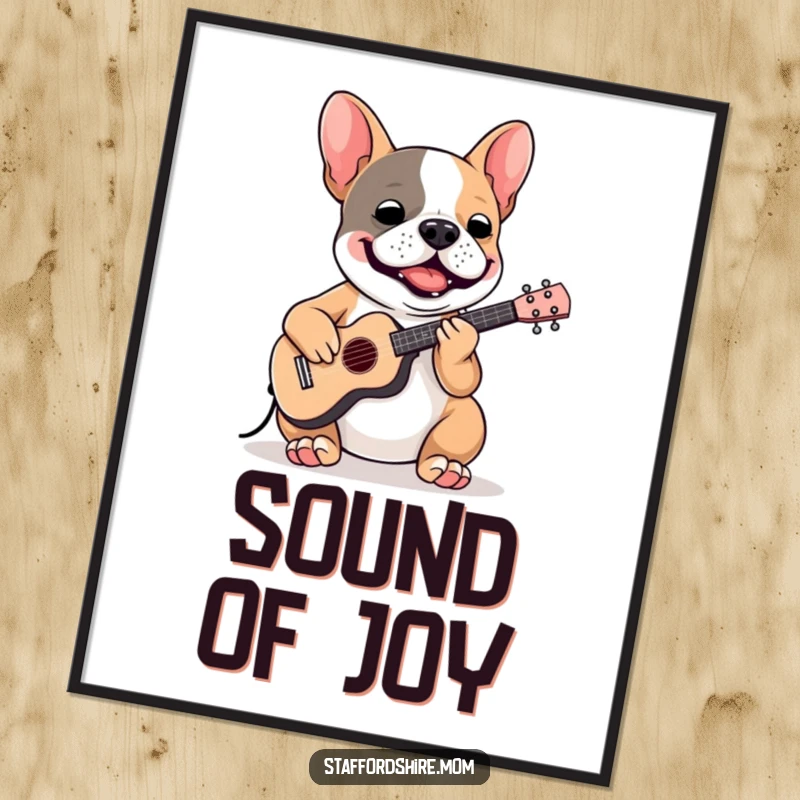 Funny Staffordshire Bull Terrier digital art print of a dog playing a tiny instrument with gusto, ready for display.