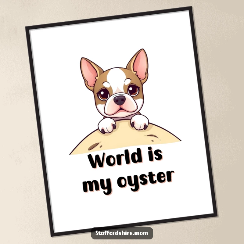 Funny Digital Art Print of a Staffordshire Terrier peeking out with bright eyes, a whimsical and charming piece of wall decor.