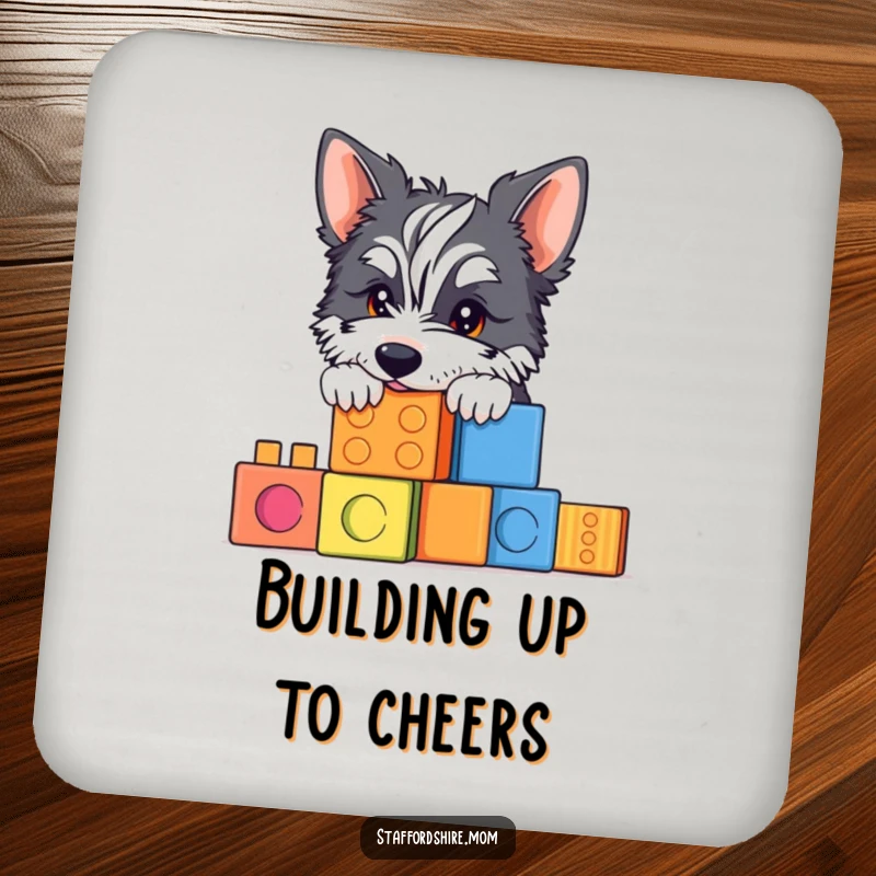 Funny Staffy building blocks drink coaster with a dog peeking over blocks, protecting surfaces playfully.