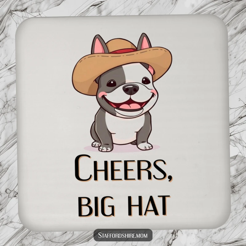 Funny Staffordshire bull terrier coaster showing a dog wearing a silly, oversized hat and giggling with pure, happy amusement.