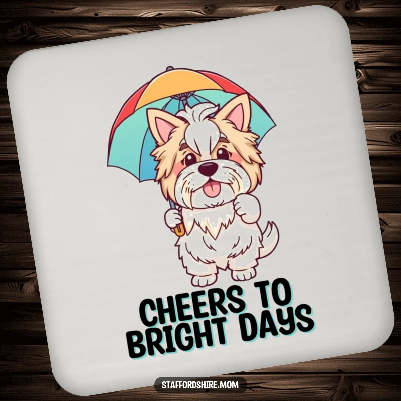 Funny drink coaster with a friendly Staffordshire dog waving hello and holding a vibrant rainbow umbrella, adding a cheerful touch.