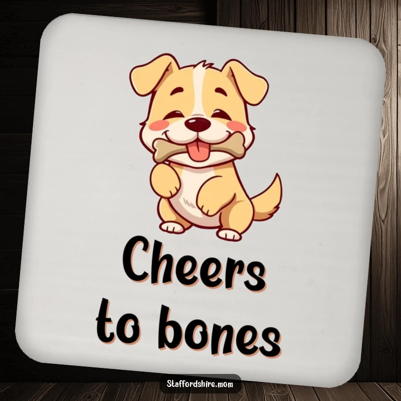 Funny drink coasters featuring a broad-chested dog wiggling joyfully with a bone in its happy mouth.
