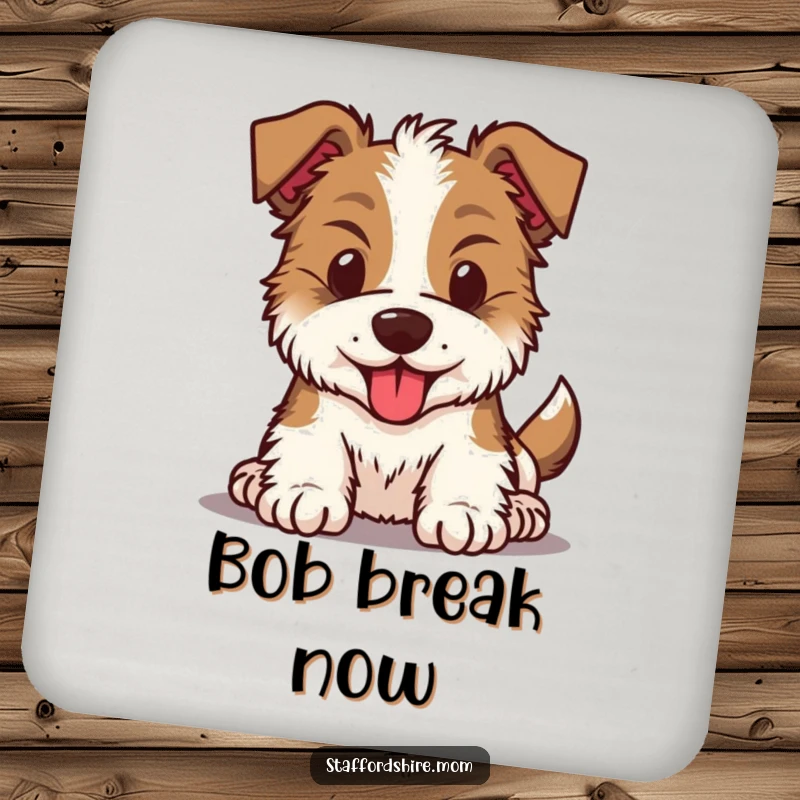 Funny Kawaii Staffordshire dog coaster showcasing an energetic pup with a bouncing head, perfect for protecting surfaces humorously.