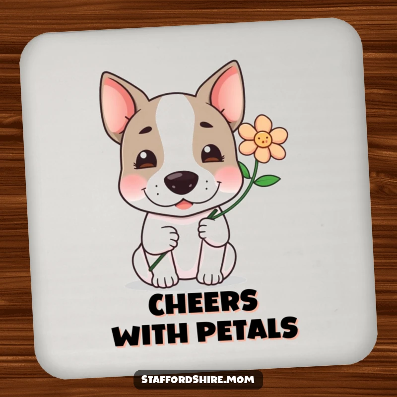 Funny, kawaii Staffordshire terrier offering a flower with a gentle smile, a sweet and humorous design for this drink coaster.