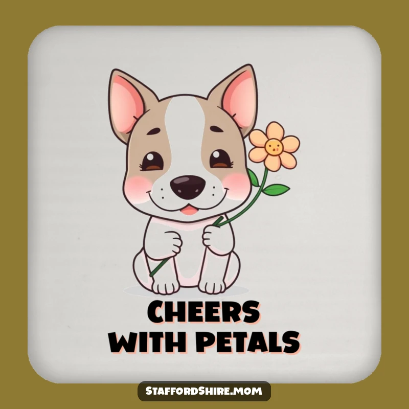 Funny Kawaii Staffy Coaster: Flower Offering Art, Humorous Sweet Protector