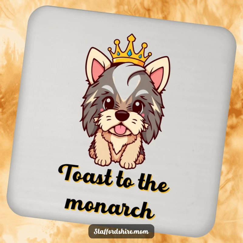 Funny Staffy royal drink coaster with a proud dog wearing a crown, protecting surfaces with majesty.
