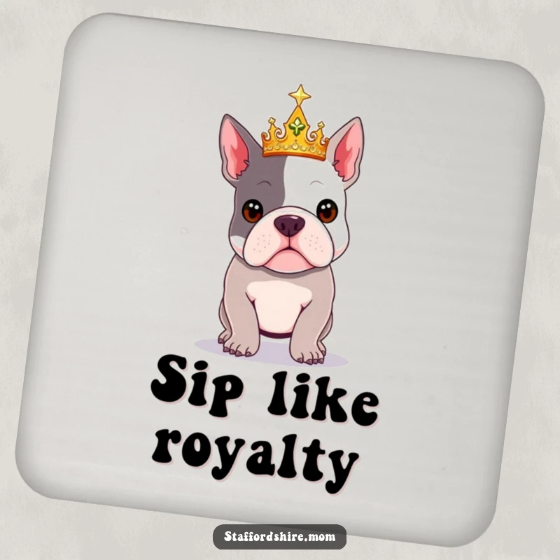 Funny Royal Staffy coaster featuring a Staffordshire Bull Terrier wearing a sparkly crown.