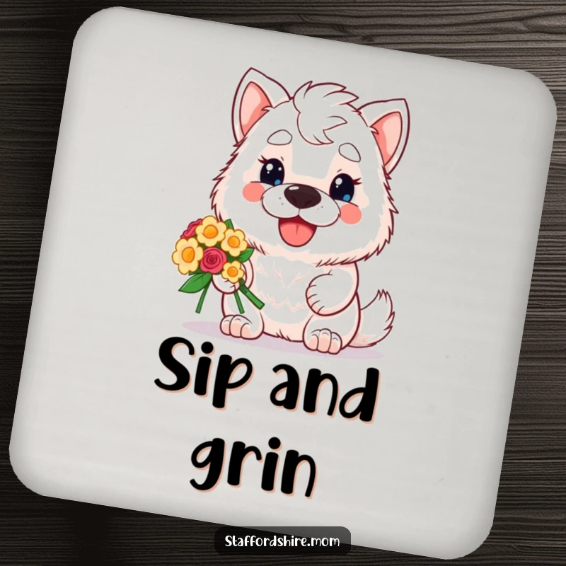 Funny drink coaster with a kawaii Staffordshire dog offering a beautiful bouquet of flowers, protecting surfaces with adorable style and humor.