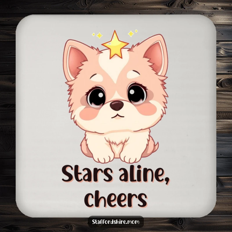 Funny drink coaster with a Staffordshire dog's wide eyes gazing at a sparkling star, adding a whimsical touch to any table.