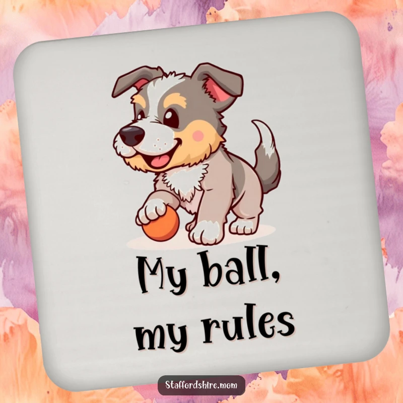 Funny Staffordshire coaster, dog playing fetch, wagging tail, humorous home accessory, pet-themed drinkware, excellent funny gift.