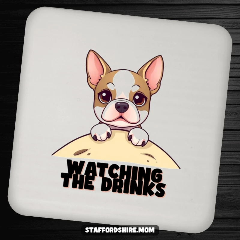 Funny Coaster featuring a Staffordshire Terrier peeking around the edge, protecting surfaces with a cute and humorous design.