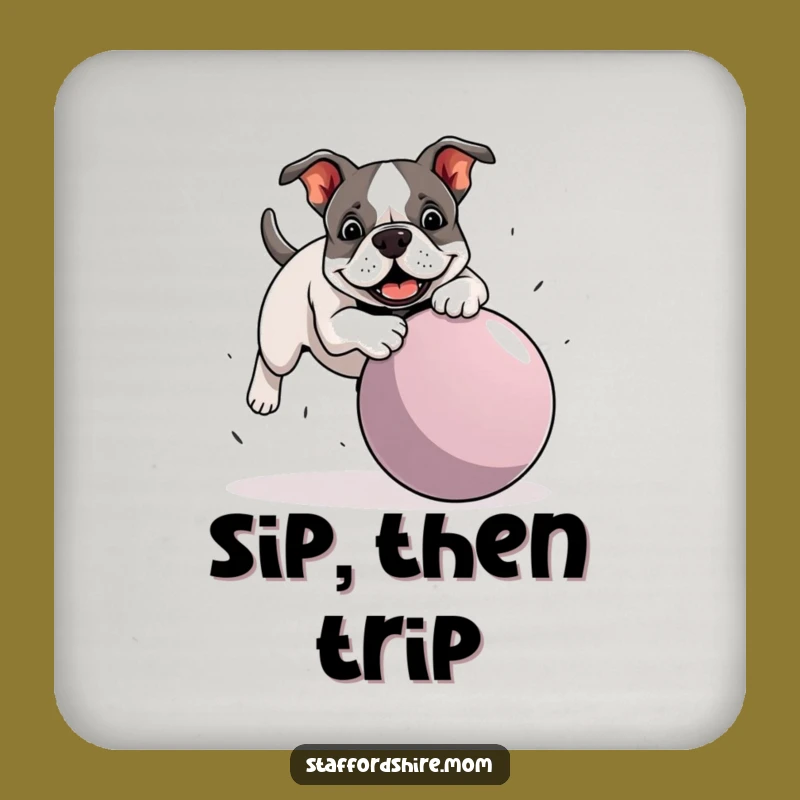 Funny Staffy Ball Trip Coaster - Bull Terrier Playful Mishap Table Saver Gift
