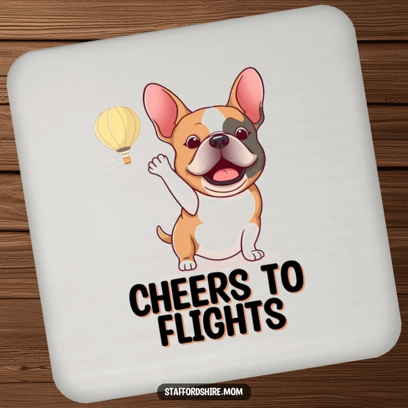 Funny Staffordshire bull terrier coaster showing an excited dog energetically waving at a hot air balloon.