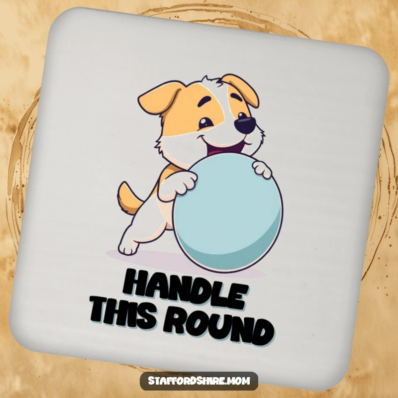 Funny Dog Coaster: A sturdy dog with a strong build joyfully fetching a large toy, protecting tables with style.