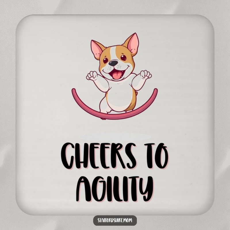 Funny Staffordshire Bull Terrier drink coasters depicting a dog jumping through a hoop, adding humor to tabletops.