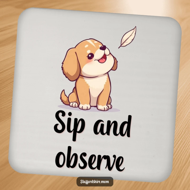 Funny drink coasters featuring a solid build dog looking up with gentle amusement at a floating feather.