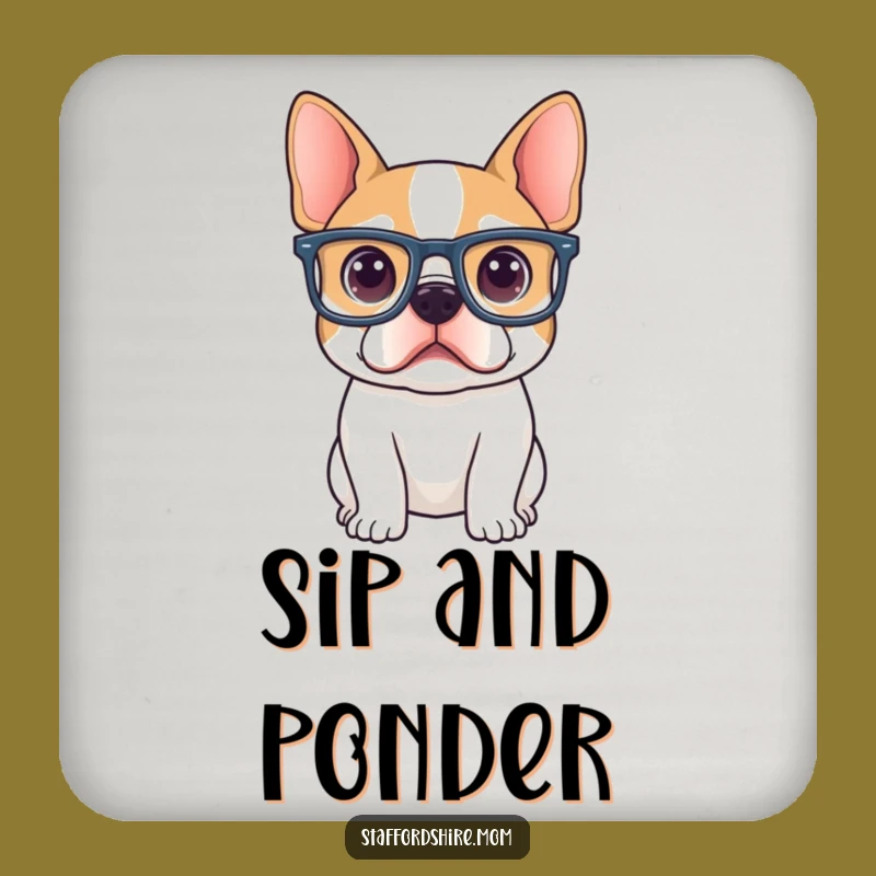 Funny Curious Staffy Coaster: Big Glasses Dog Art, Humorous Table Protector