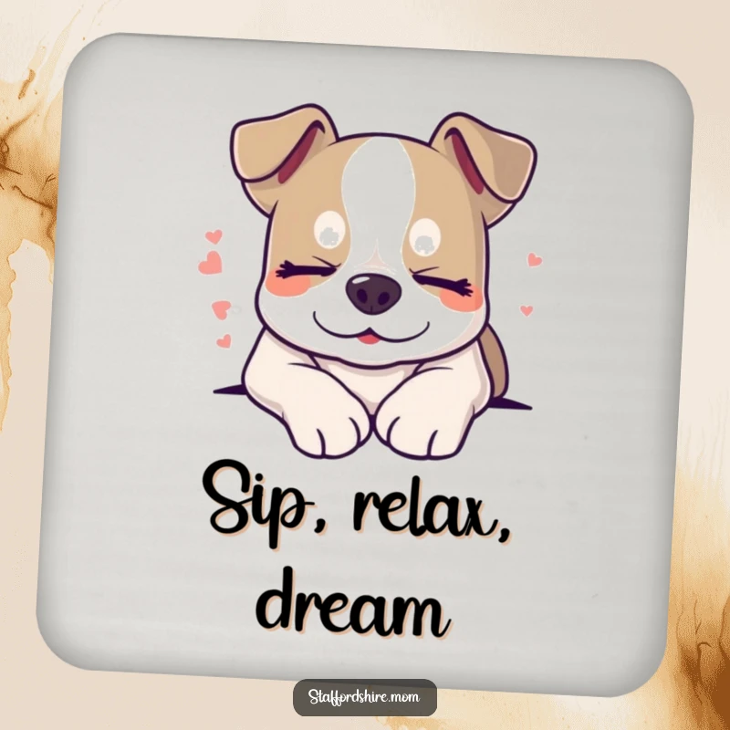 Funny sleepy Staffordshire dog coaster, smiling with closed eyes, peaceful and protective table art.