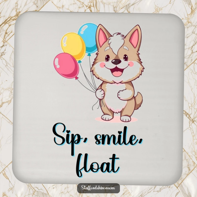 Funny Staffordshire drink coasters with a dog grinning and holding balloons, perfect for adding happy protection to surfaces.