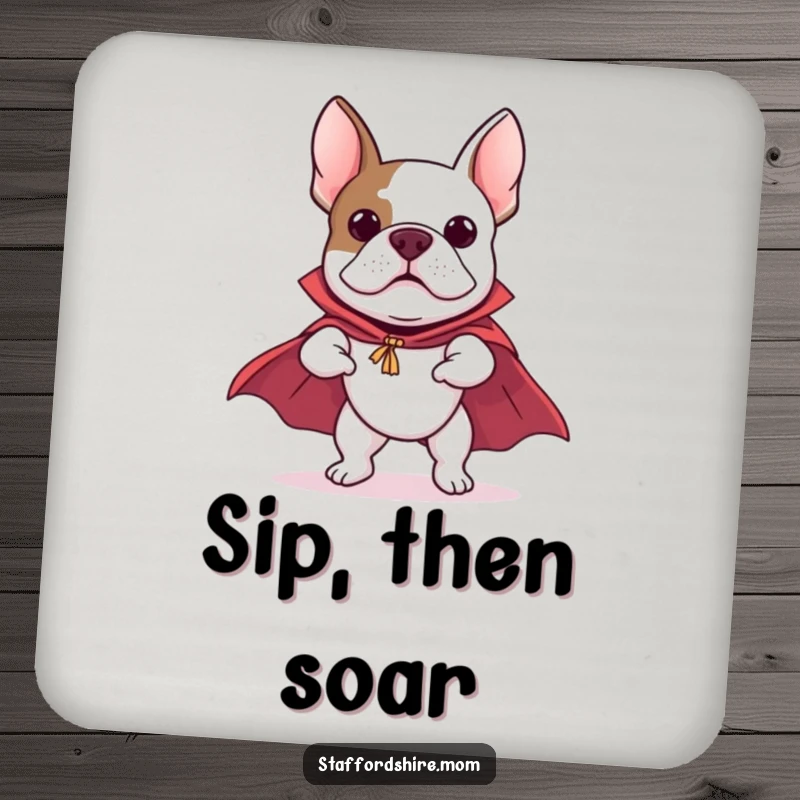 Funny Staffordshire Bull Terrier coaster depicting a dog in a cape, comically pretending to fly, protecting surfaces with heroic humor.