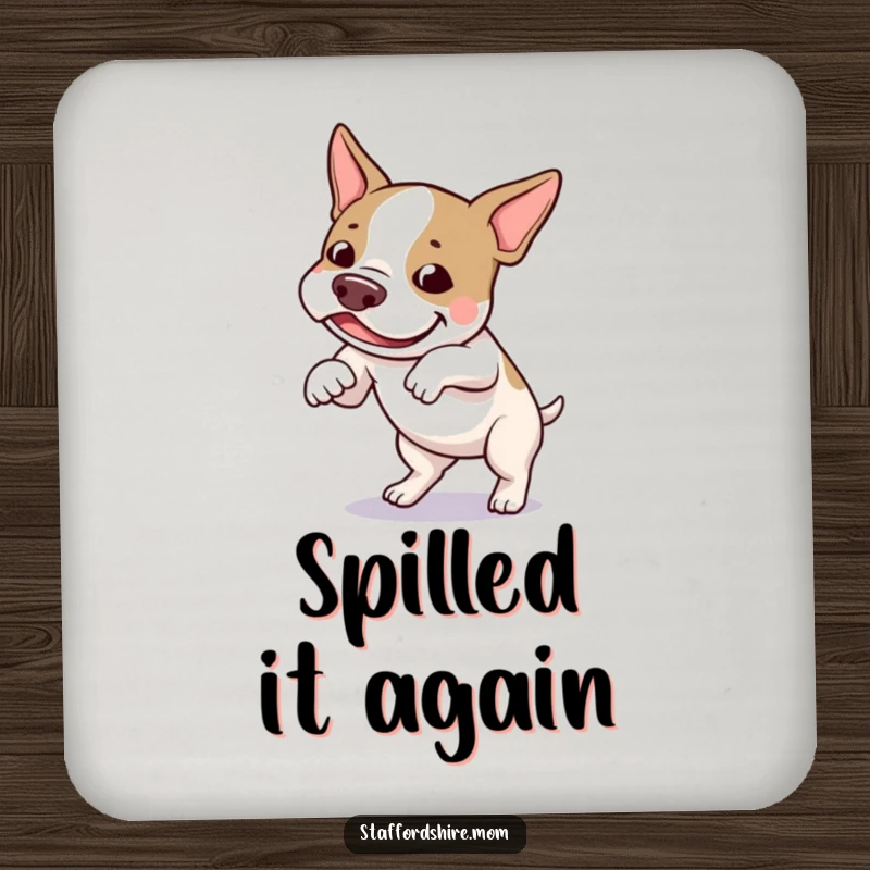 Funny Staffordshire bull terrier coaster showing a dog amusingly tripping over its feet with a happy, entertained look.