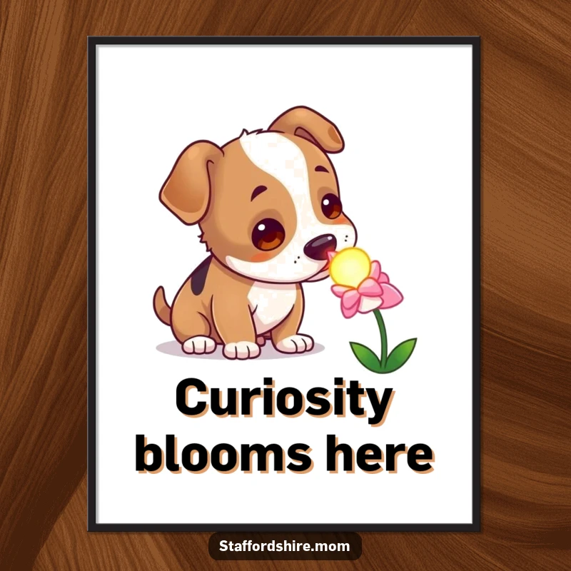 Funny curious Staffordshire dog poster, sniffing a glowing flower, whimsical and artistic pet decor.