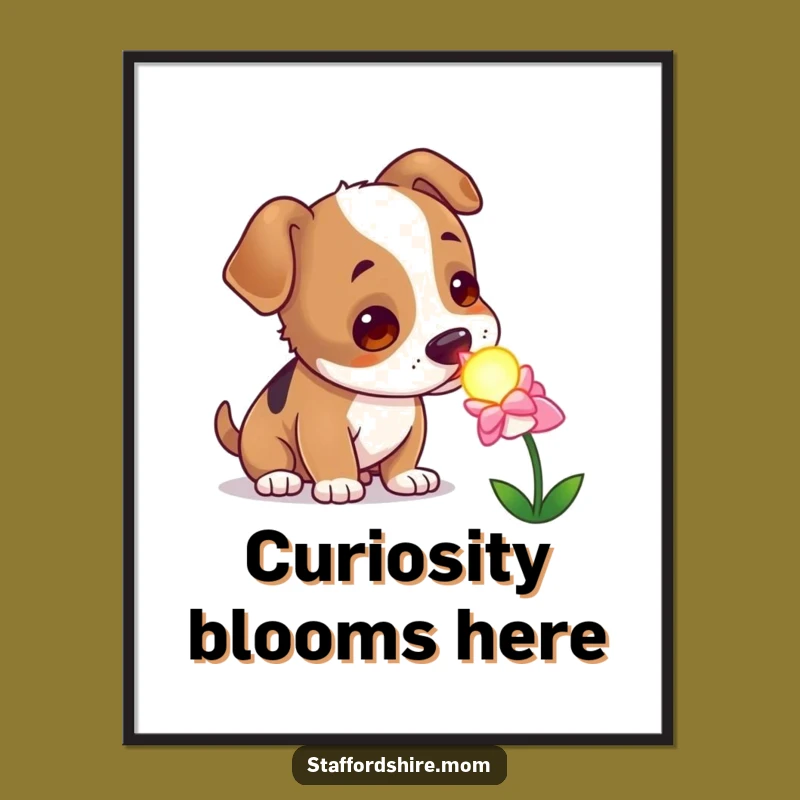 Funny Curious Staffy Poster, Enchanted Dog Flower Art, Whimsical Pet Lover Gift