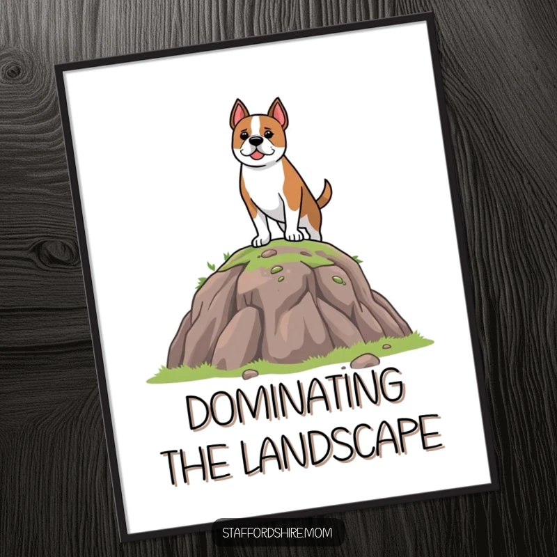 Funny Poster featuring a brave Staffordshire dog standing boldly on a small hill, a humorous yet inspiring piece of canine art.