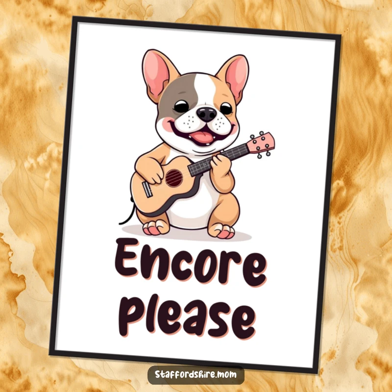 Funny Staffordshire Bull Terrier poster of a dog playing a miniature instrument with intense focus and joy.