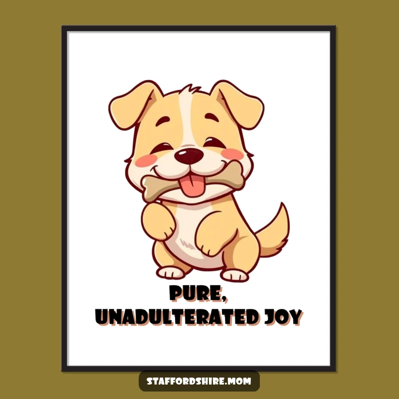 Funny Dog Poster: Broad-chested pup wiggles with bone, joyful art for wall, great gift.