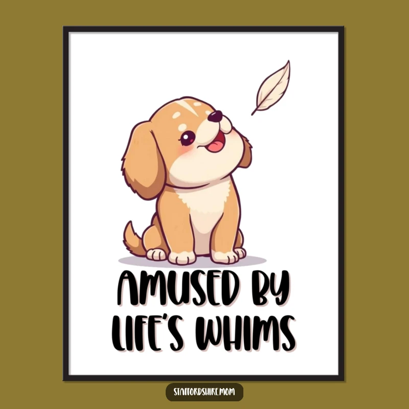 Funny Dog Poster: Solid build dog amused by feather, whimsical wall art, great gift.