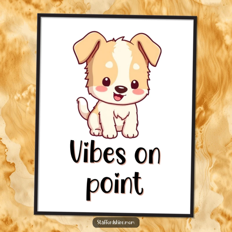 Funny Kawaii Staffordshire Poster: An art print of a floppy-eared dog joyfully wagging its tail, capturing canine bliss.