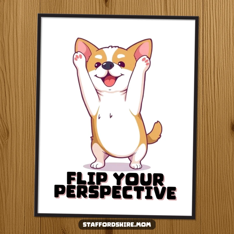 Funny Kawaii Staffordshire dog poster artwork of a happy pup performing a joyful little somersault, capturing motion and playfulness.