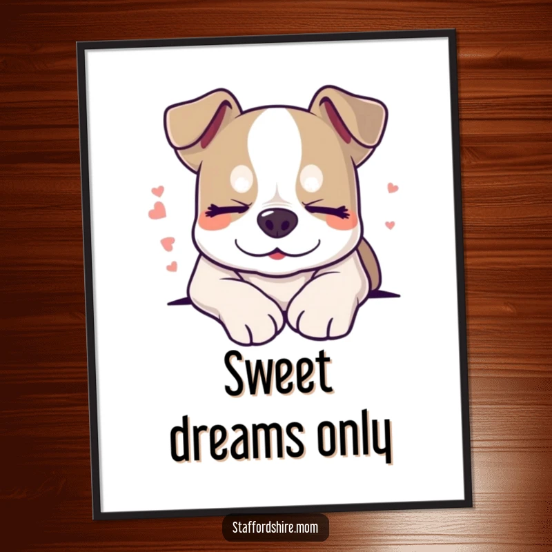 Funny sleepy Staffordshire dog poster, smiling with closed eyes, representing sweet dreams, peaceful art.