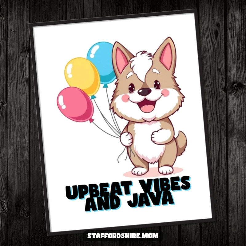 Funny Staffordshire poster showcasing a dog with a broad smile holding a colorful bunch of balloons, perfect for cheerful decor.