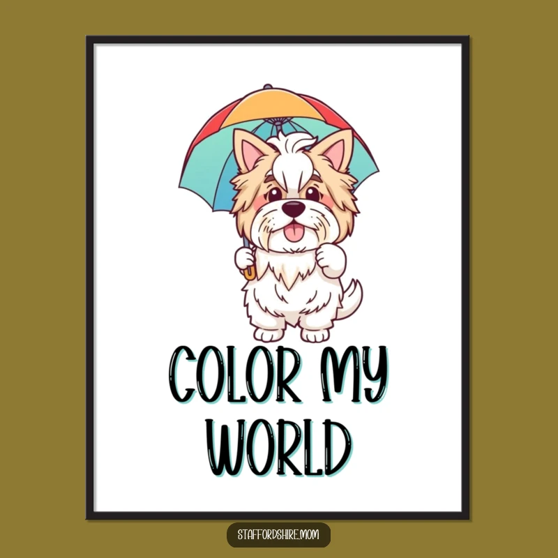 Funny Staffordshire Poster: Wave Hello, Rainbow Umbrella, Cheerful Art Gift