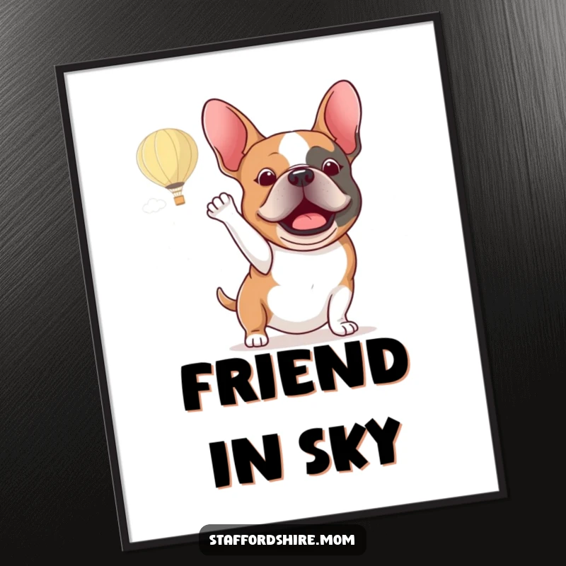 Funny Staffordshire bull terrier poster showing an excited dog energetically waving at a hot air balloon floating in the sky.