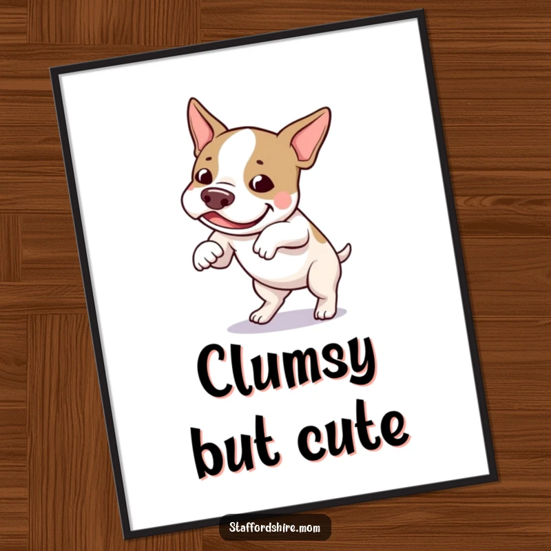 Funny Staffordshire bull terrier poster showing a dog amusingly tripping over its own feet with a gleeful, entertained expression.