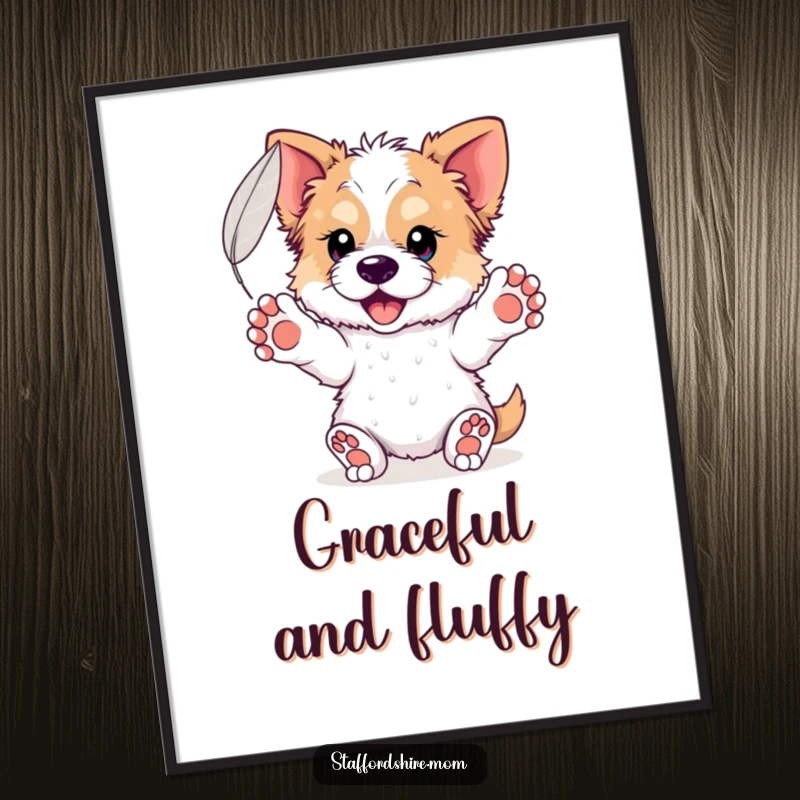 Funny Staffordshire Feather Poster: An art print of a dog with paws outstretched gently catching a floating feather, evoking peace.