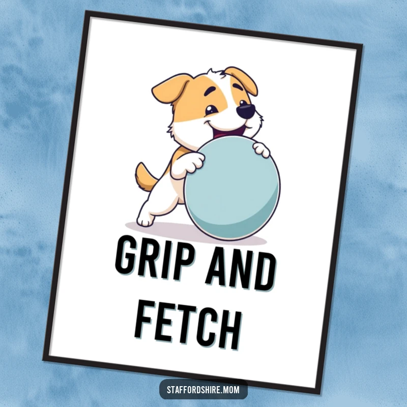 Funny Dog Poster: A sturdy dog with a strong build joyfully fetching a large, round toy, radiating pure happiness.