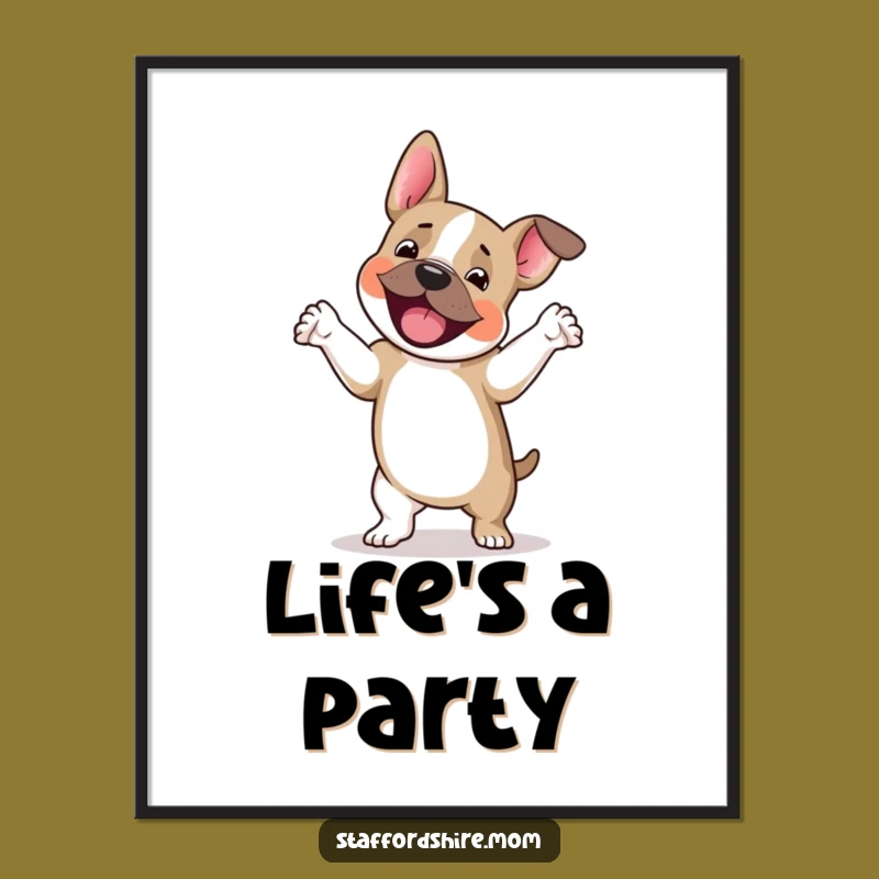 Funny Staffy Jig Art Poster: Staffordshire Terrier's Joyful Dance, Humorous Wall Decor