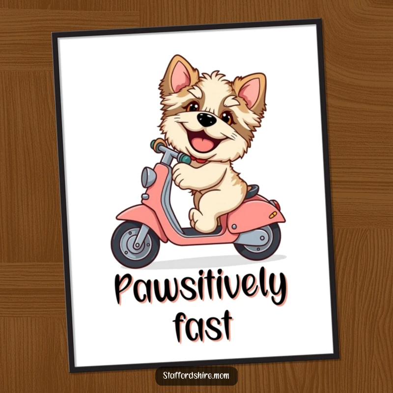 Funny Staffordshire poster, giggling dog, riding scooter, large paws, humorous wall art, pet decor, wonderful funny gift.