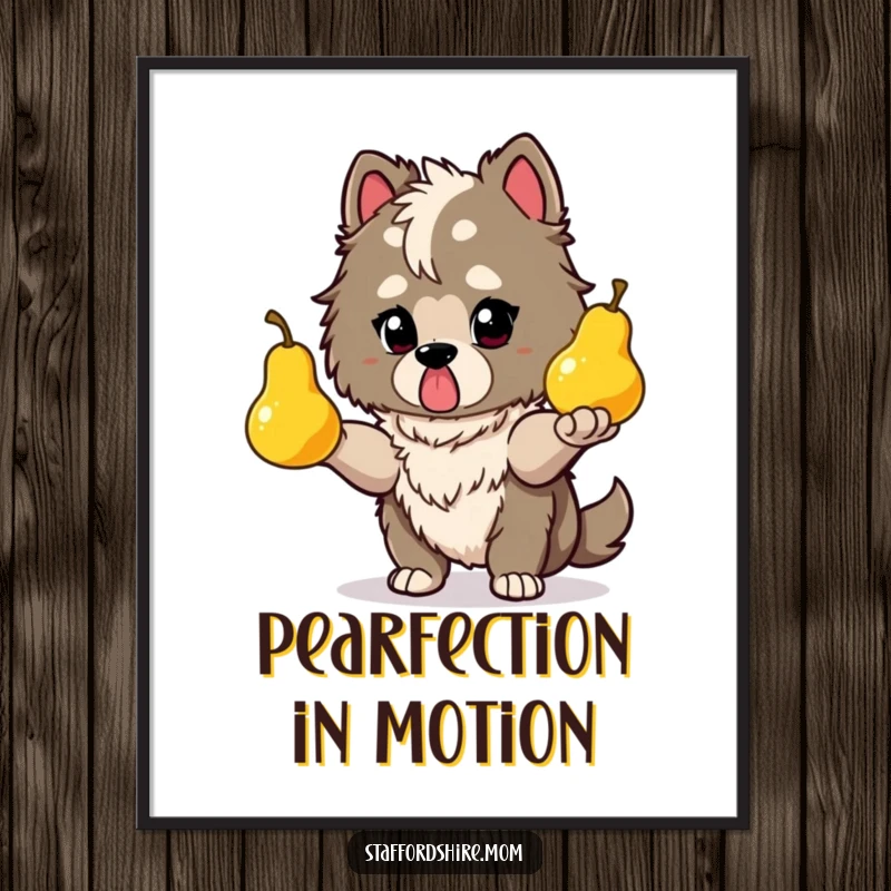 Funny Staffy juggling poster featuring a determined dog juggling glowing pears, embodying focus and artistic talent.