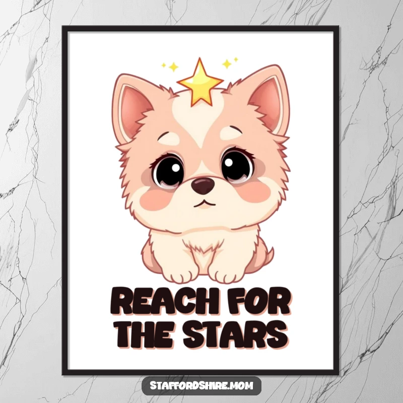 Funny poster art of a Staffordshire dog with wide, astonished eyes fixated on a luminous, sparkling star, capturing pure wonder and amazement.