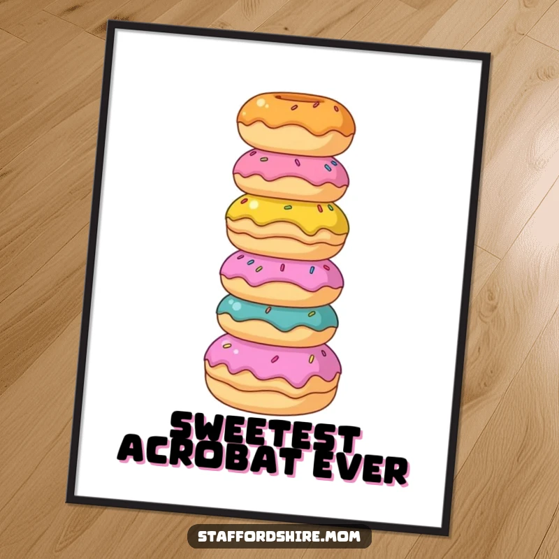 Funny Staffordshire poster, a dog balances a tower of colorful donuts, showcasing sweet delight and artistic balance.