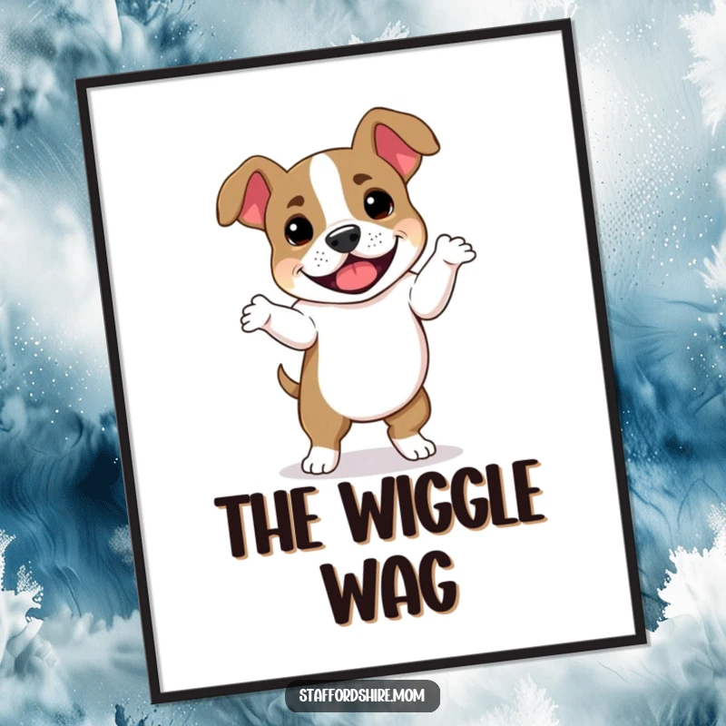 Funny Staffordshire Bull Terrier poster displaying a dog caught in a hilarious dance with floppy ears, adding a comical touch to any wall.