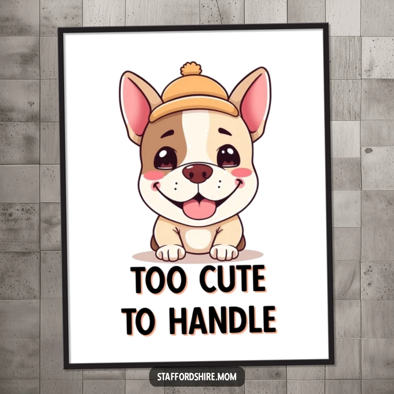 Funny Kawaii Staffordshire terrier poster, an adorable dog with a silly grin and a tiny hat, humorous wall art and great funny gift.