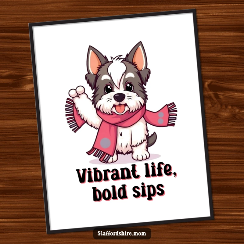 Funny Staffordshire poster of a dog enthusiastically waving a bright, patterned scarf, embodying energetic celebration and fandom.