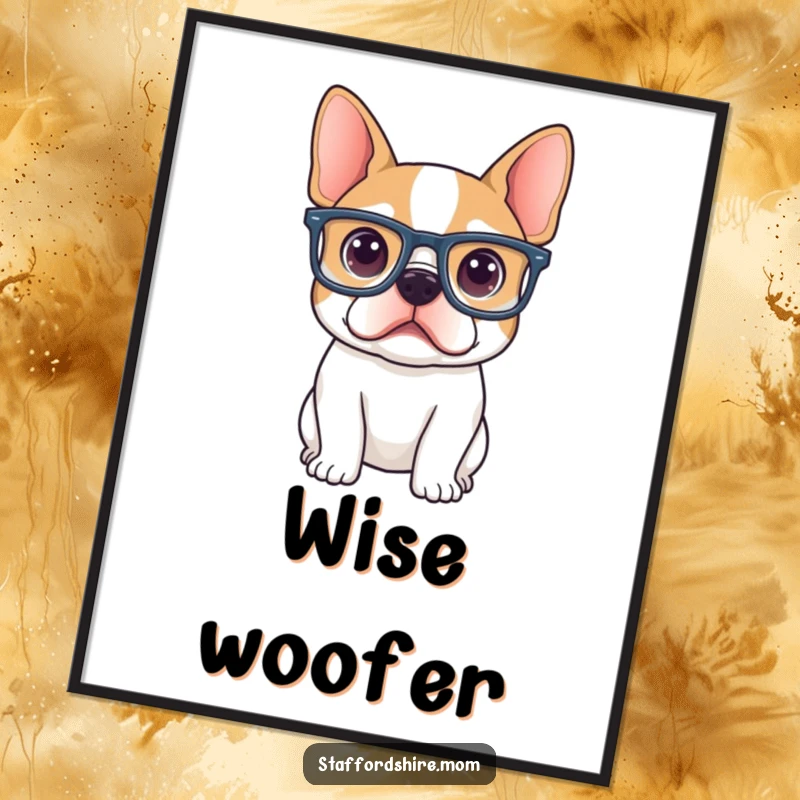 Funny Staffordshire terrier sporting comically large glasses, with a curious and studious expression on this humorous poster.