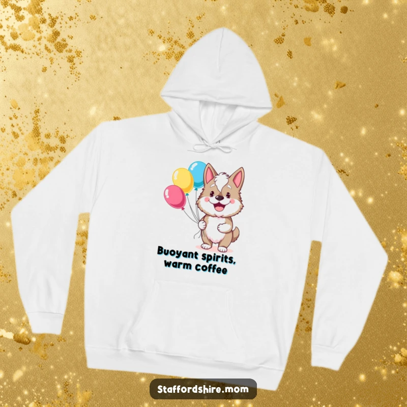 Funny Staffordshire hoodie featuring a dog with a broad grin holding balloons, perfect for spreading warmth and cheer.